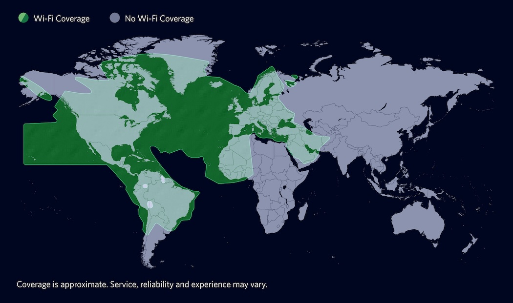 Mappa che mostra dove Viasat offre copertura Wi-Fi in tutto il mondo. 